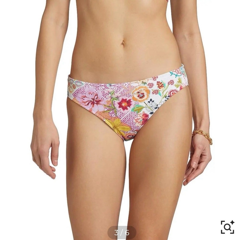 Johnny Was Paula Reverse Piqué Hipster Bikini Bottom L Floral Multi NWT $98 READ